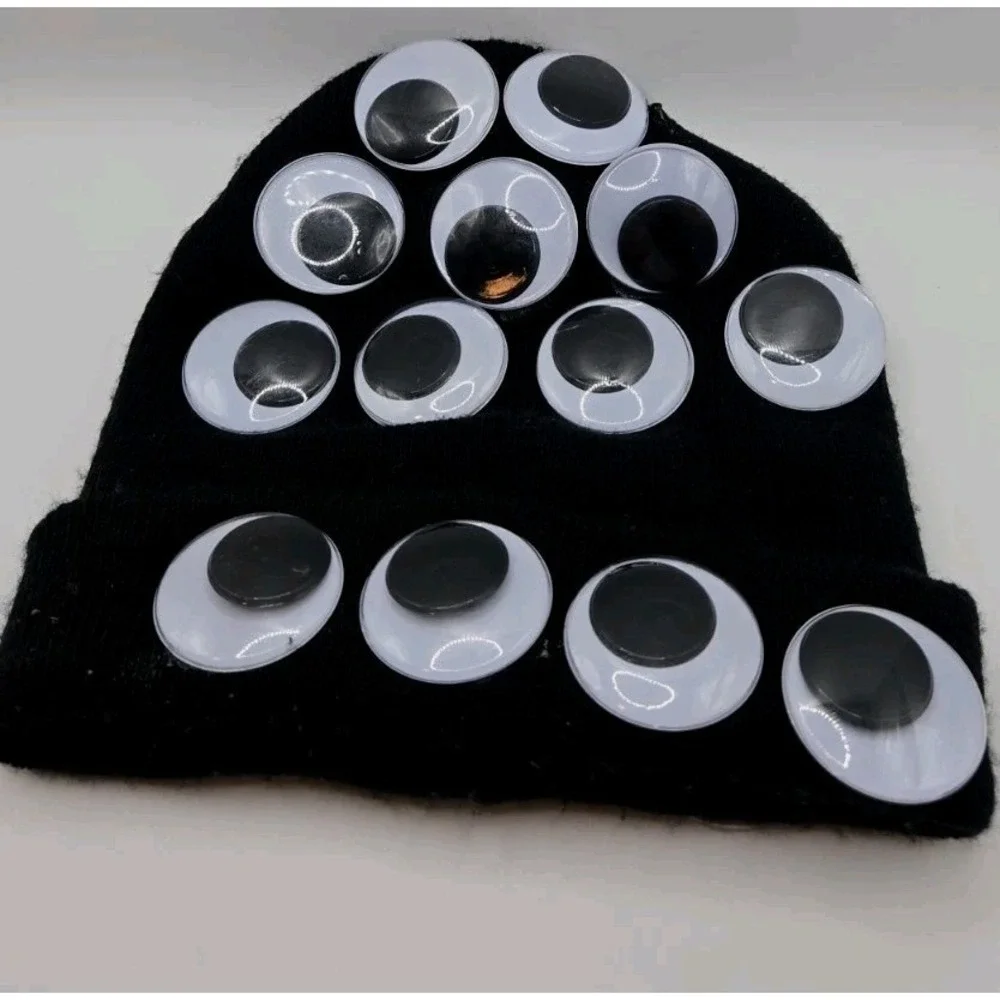 Hand Crafted Black Googly Eyes Beanie Hat Funny Novelty One Size Winter Knit Cap